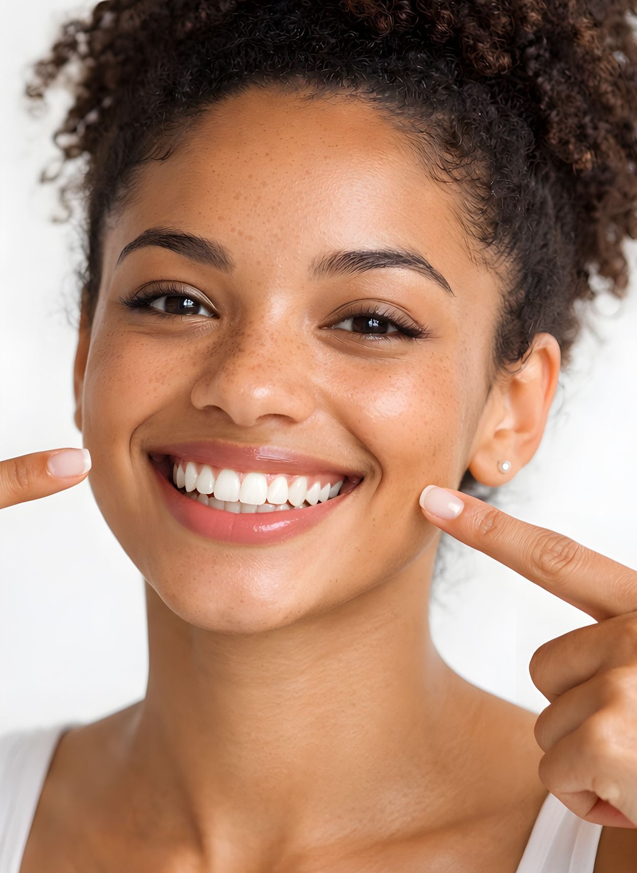 Woman pointing to her smile after cosmetic dental treatment